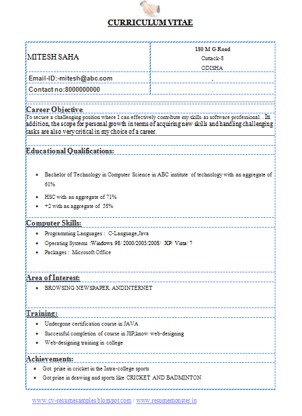 Resume format for internship for engineering